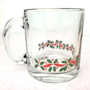 Vintage S/4 Christmas Mugs Clear Glass Holly Garland Made in USA